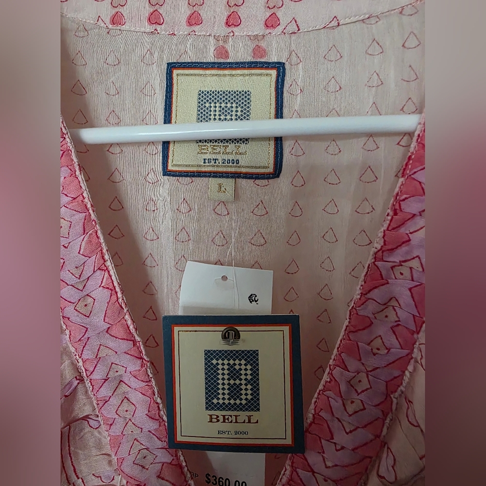 Bell Rain‎ Light Past pink Multi Puff Sleeve Mini Dress Silk Sz Large - Picture 8 of 12